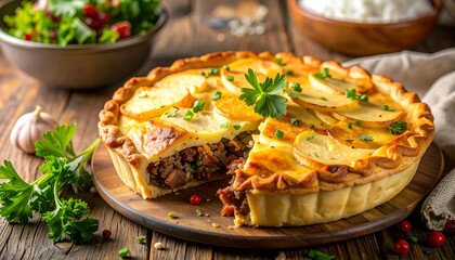 Rustic potato and meat pie on a wooden table