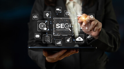 SEO concept for improving SEO visibility, with SEO related digital tools and SEO performance icons shown in an focused layout for strategic marketing. Spline