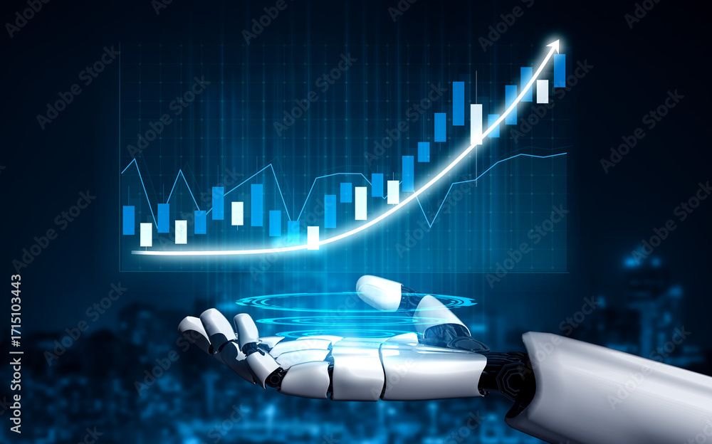 Poster a futuristic robotic hand cradles a digital graph with an upward trend, symbolizing growth and innov