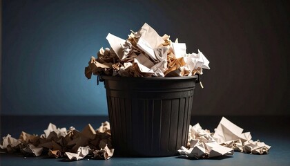Crumpled papers overflowing a dark trash can, symbolizing discarded ideas and wasted effort.