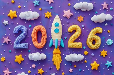Creative rocket launch design with colorful numbers and clouds for 2025 celebration