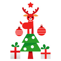 Naklejka premium Festive Christmas Illustration with Reindeer Tree Ornaments Star and Gifts in a Flat Design on white background