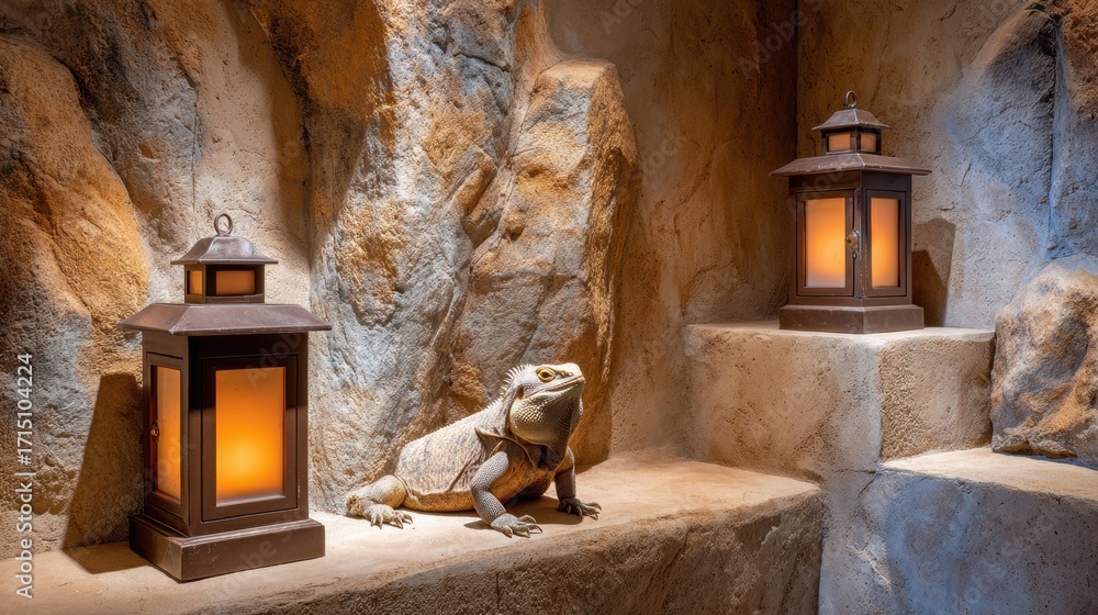 Poster focused view of a heated enclosure corner with warm lamps being positioned emphasizing the glowing l
