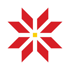 Red and white poinsettia quilt block icon with yellow center. Clipart image isolated on background.