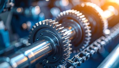 Close-up of machine gears and chain. Focus on the detailed metalwork, with shafts, cogs and chain interacting inside the device