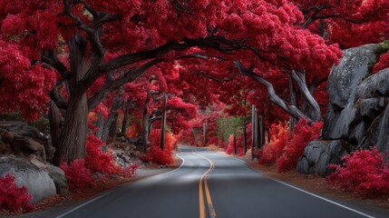 Autumn canopy road with arching maple trees