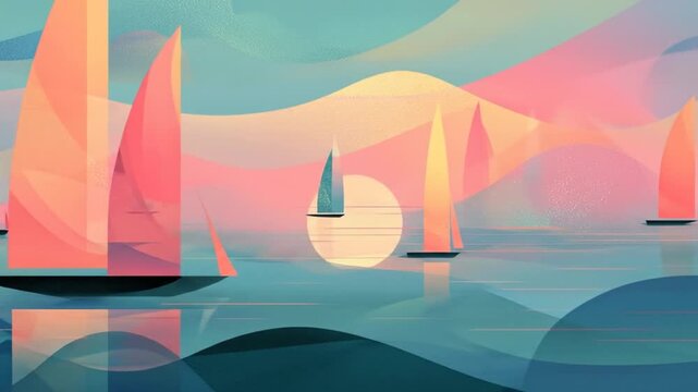 Abstract seascape of sailboats at sunset with stylized waves and pastel colors