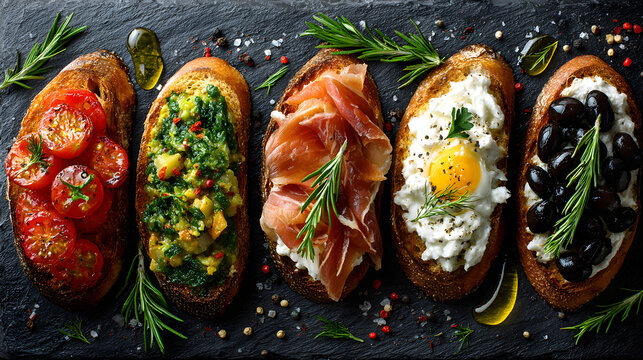 Naklejki Traditional spanish tapas on dark background. Brushetta set. Flat lay, top view