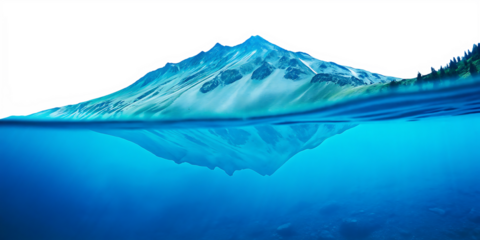 Snow capped mountain reflected in blue lake water isolated on a transparent background