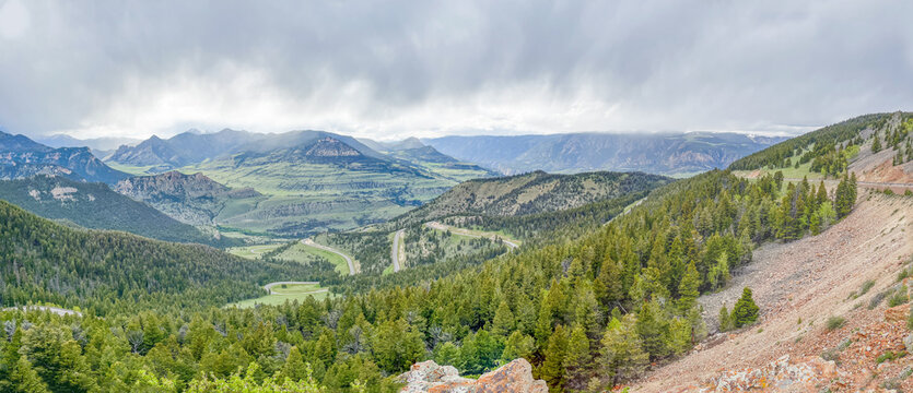 Panorama of the Chief Joseph Scenic Byway from Indian Pass in the Absaroka Mountains in Wyoming, USA