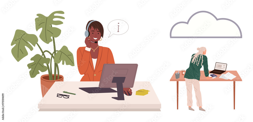 Poster office worker on headset interacting with a customer. another person analyzing documents near a lapt