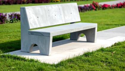 A modern, light gray concrete park bench sits serenely on a light beige paved area, amidst vibrant green grass and flowerbeds.
