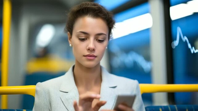 Young woman creating a watchlist on a trading app while commuting