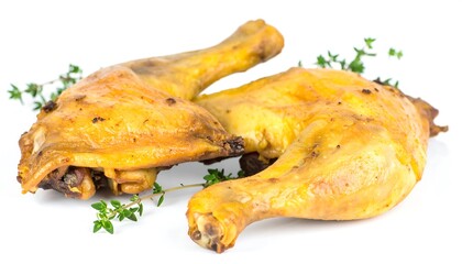 Two roasted chicken thighs with fresh thyme