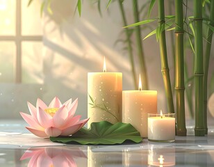 Peaceful serenity is embodied in a serene arrangement of candles, a lotus flower, and bamboo stalks, bathed in soft, warm light.
