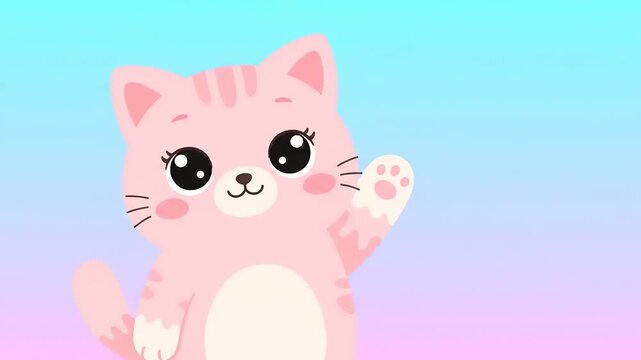 Cute Pink Cartoon Cat Waving Hello on a Gentle Pastel Gradient Background