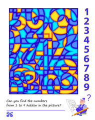 Can you find the numbers from 1 to 9 hidden in the picture? Game Seek and Find. Logic puzzle with geometric illusions. Develop spatial thinking and counting skills. Brain teaser book. Vector image