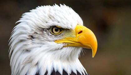 Obraz premium Close-up profile view of a magnificent bald eagle's head, showcasing the intricate details of its plumage and piercing gaze, with a soft, natural light and a blurred background.