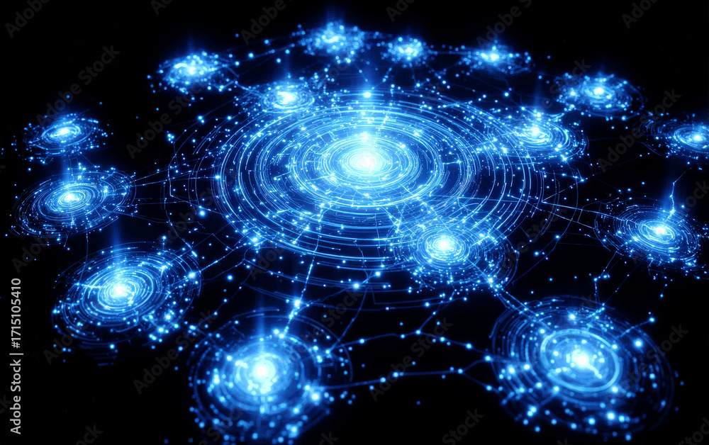 Poster abstract digital network with glowing nodes and interconnected lines