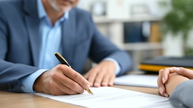 Notary public office during property transaction closing official seal and stamp prominently displayed multiple signature pages spread across desk clients reviewing final