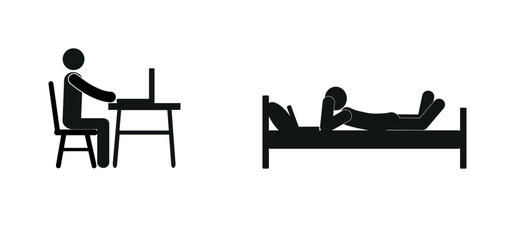 a man sitting at a table working on a laptop, a freelancer, a man lying on a bed, resting, watching his favorite programs, videos, a man's figure, an icon, a stick man, a sketch