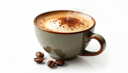 Obraz premium Steaming cup of rich, foamy espresso coffee, dusted with cocoa powder, sits on white surface with roasted coffee beans. Premium hot beverage perfect for morning enjoyment, offering aromatic,