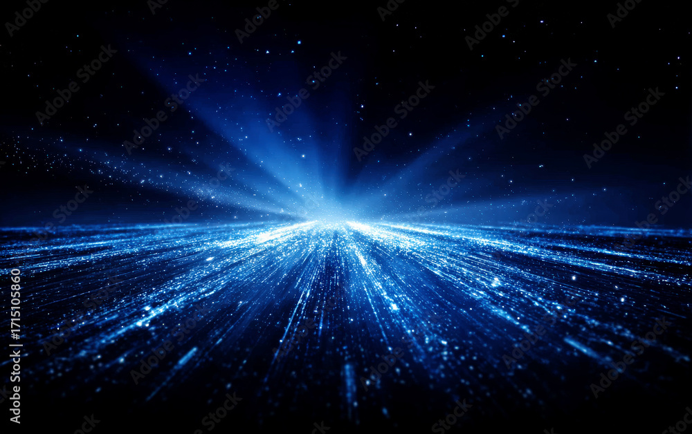 Poster blue light rays emanating from a central point in a dark space