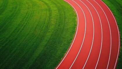 Aerial view of vibrant red running track with white lines curving alongside rich green grassy field. Geometric pattern of track surface, lawn offers striking contrast, perfect for athletic
