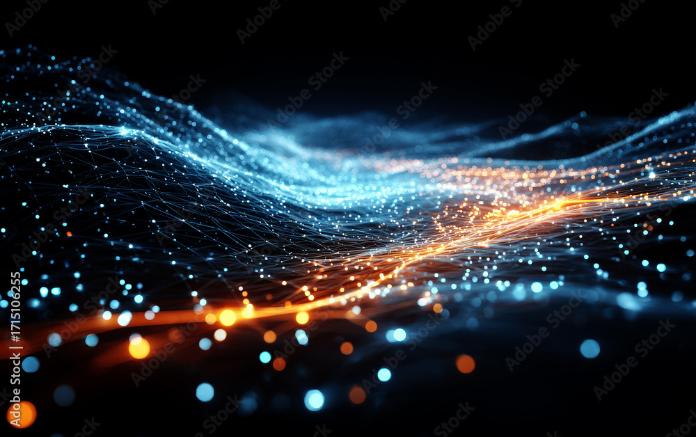Poster dynamic waves of light and data representing advanced technological concepts