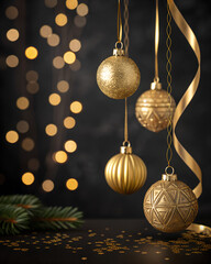 Luxury Christmas background, matte black with shiny metallic gold baubles, soft bokeh lights, elegant minimal frame, copy space
