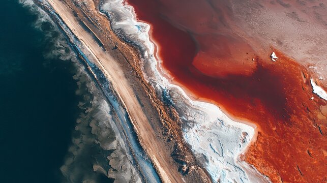 Stunning aerial view of vibrant red salt lake contrasting with dark blue water and textured shoreline