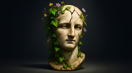 Roman style marble bust with ivy vines and leaves wrapped around – fusion of classical sculpture and greenery