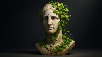 Ancient stone sculpture bust decorated with green ivy leaves – classical art meets nature photography concept