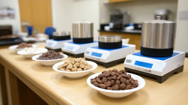 R&D laboratory developing new plant based protein bar formulations food scientists testing different protein combinations small batch mixing equipment ingredient samples in
