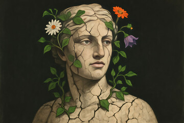 Stone bust statue wrapped in ivy vines and colorful flowers – antique sculpture with natural decoration