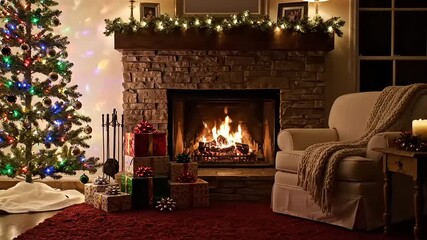 Cozy Christmas scene with a crackling fireplace - Powered by Adobe