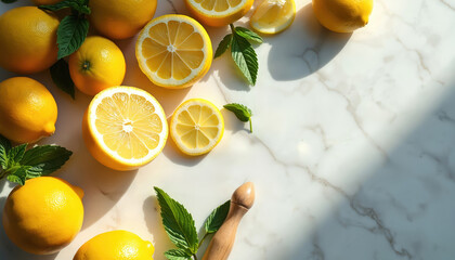 Flatlay of vibrant yellow lemons, mint leaves, wooden reamer on marble surface. Bright morning sunlight creates crisp shadows, fresh citrus ingredients. Juicy lemons ready for drinks, food styling.