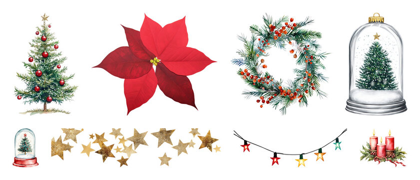PNG Festive Christmas decorative elements, element set on transparent background