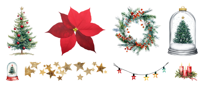 PNG Festive Christmas decorative elements, element set on transparent background