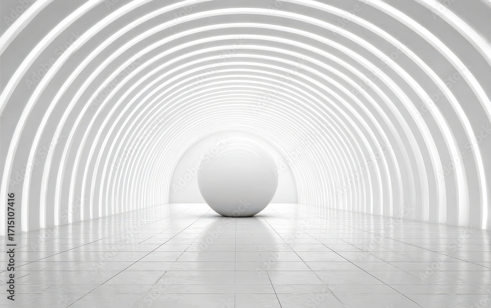 Poster a white spherical object in a futuristic tunnel with curved white lines