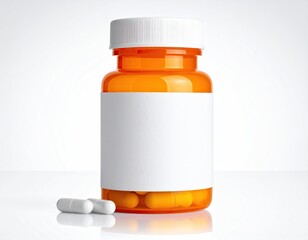 Amber plastic bottle with white cap and blank label, containing orange pills; two white capsules rest beside it on a reflective surface against a light grey background