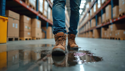 Male worker walks on wet warehouse floor with liquid spill. Occupational safety risk awareness, accident prevention crucial in industrial work environments. Focus on footwear, slippery surface