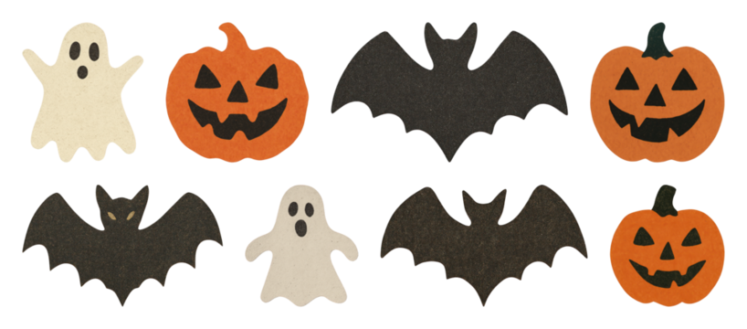 PNG Halloween cutouts ghost pumpkin bat, element set on transparent background