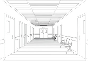 Hospital hallway, medical corridor, healthcare interior, waiting area, clinical space, sterile design, patient chairs, emergency exit, symmetrical architecture, clean environment