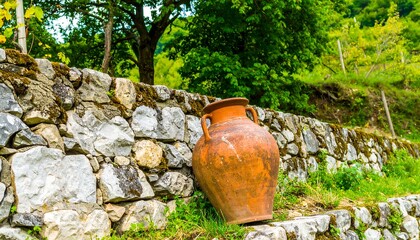 Rustic terracotta jar by stone wall in a vineyard