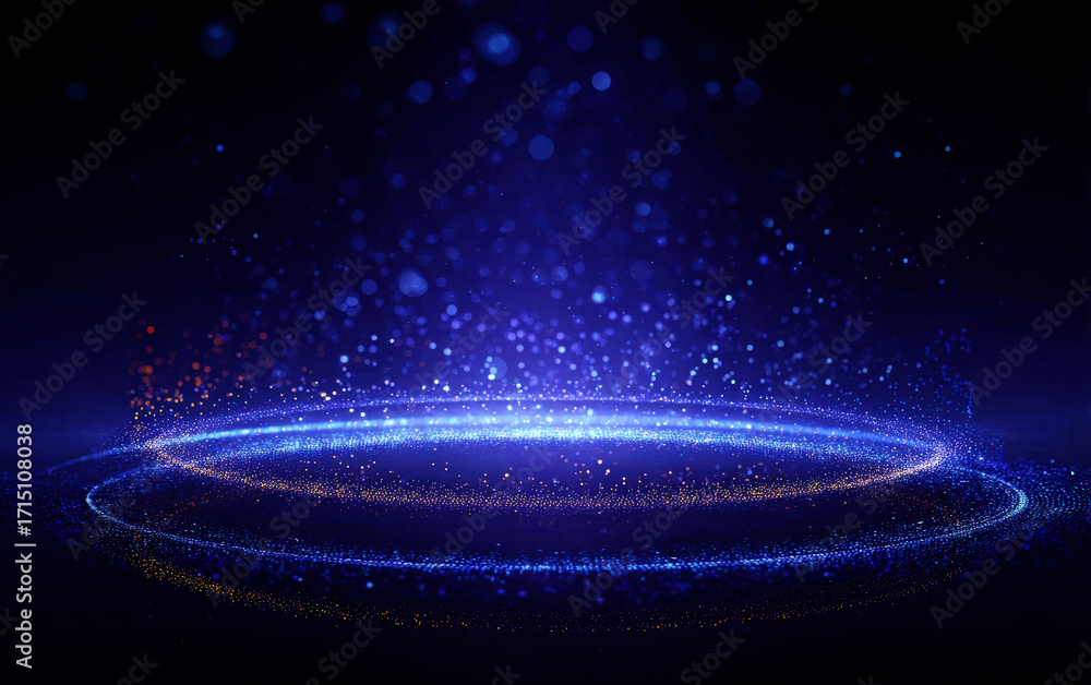 Poster abstract blue glowing circles with sparkling particles in dark background