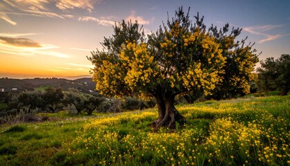 Sunset over Rolling Hills: Blooming Yellow Tree in Spring Meadow