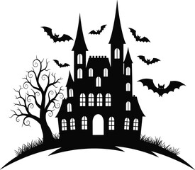 Haunted castle silhouette illustration, spooky Halloween night scene with bats and tree, gothic horror house design, dark scary vector artwork