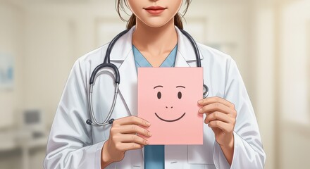 Kindness in the Medical Field: A doctor, embodying empathy and compassion, gently presents a card adorned with a smiley face, symbolizing care and comfort within the healthcare setting.