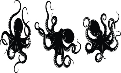 Black silhouette octopus illustration, sea animal vector design, marine wildlife clipart, underwater creature artwork, ocean life decorative graphic element © Ponkaj Creatives